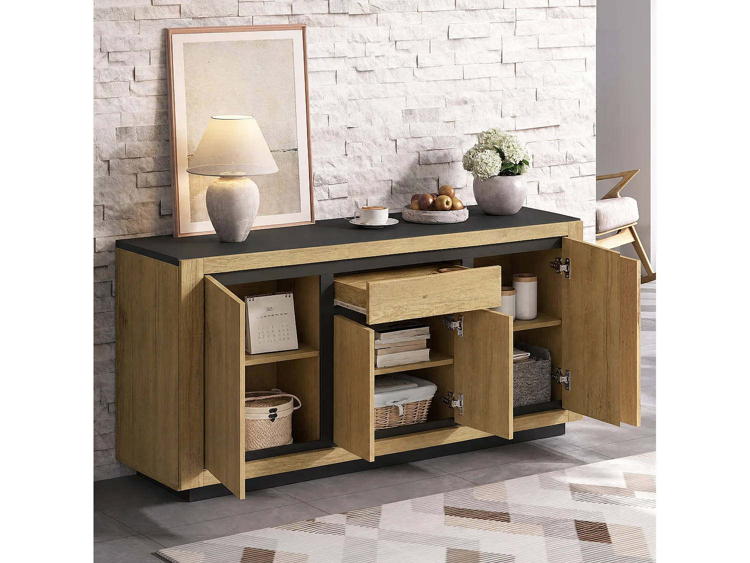 Buffet avec 4 portes, 1 tiroir sans poignées - MDF - 140 x 40 x 60 cm - Noir et aspect bois