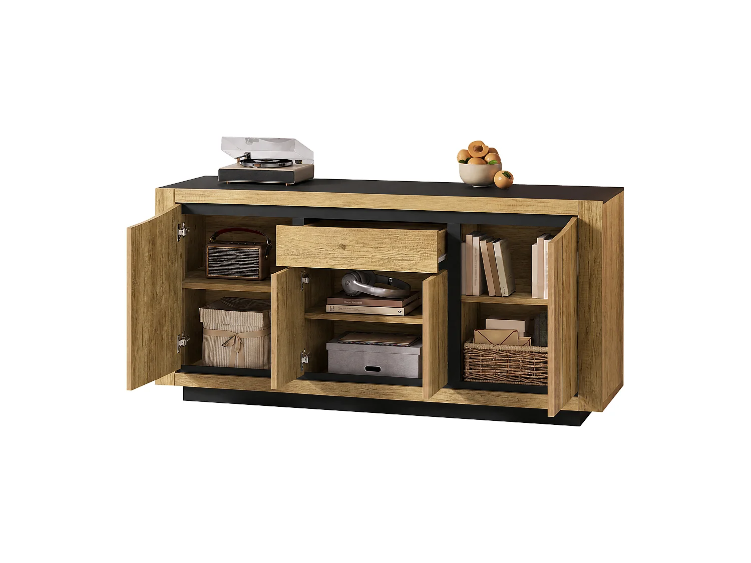 Buffet avec 4 portes, 1 tiroir sans poignées - MDF - 140 x 40 x 60 cm - Noir et aspect bois