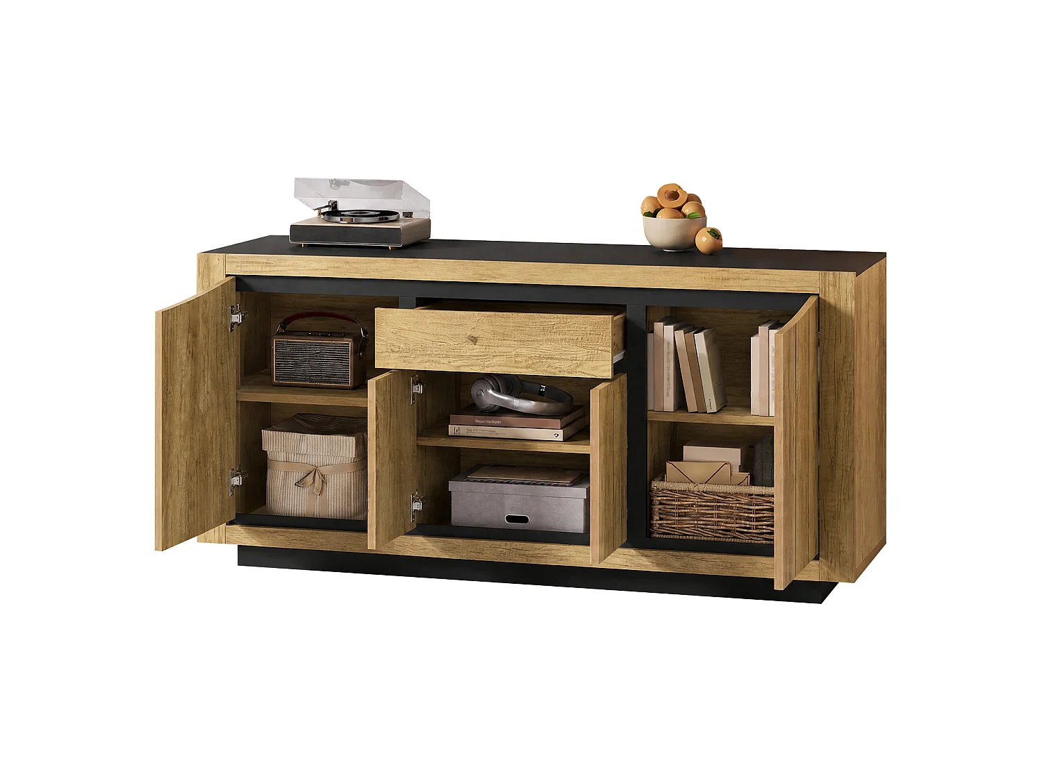 Buffet avec 4 portes, 1 tiroir sans poignées - MDF - 140 x 40 x 60 cm - Noir et aspect bois