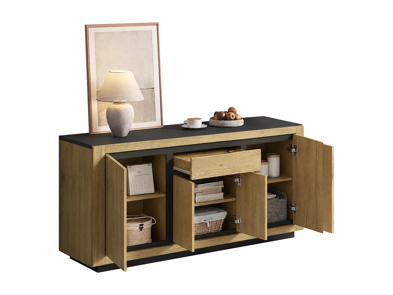 Buffet avec 4 portes, 1 tiroir sans poignées - MDF - 140 x 40 x 60 cm - Noir et aspect bois