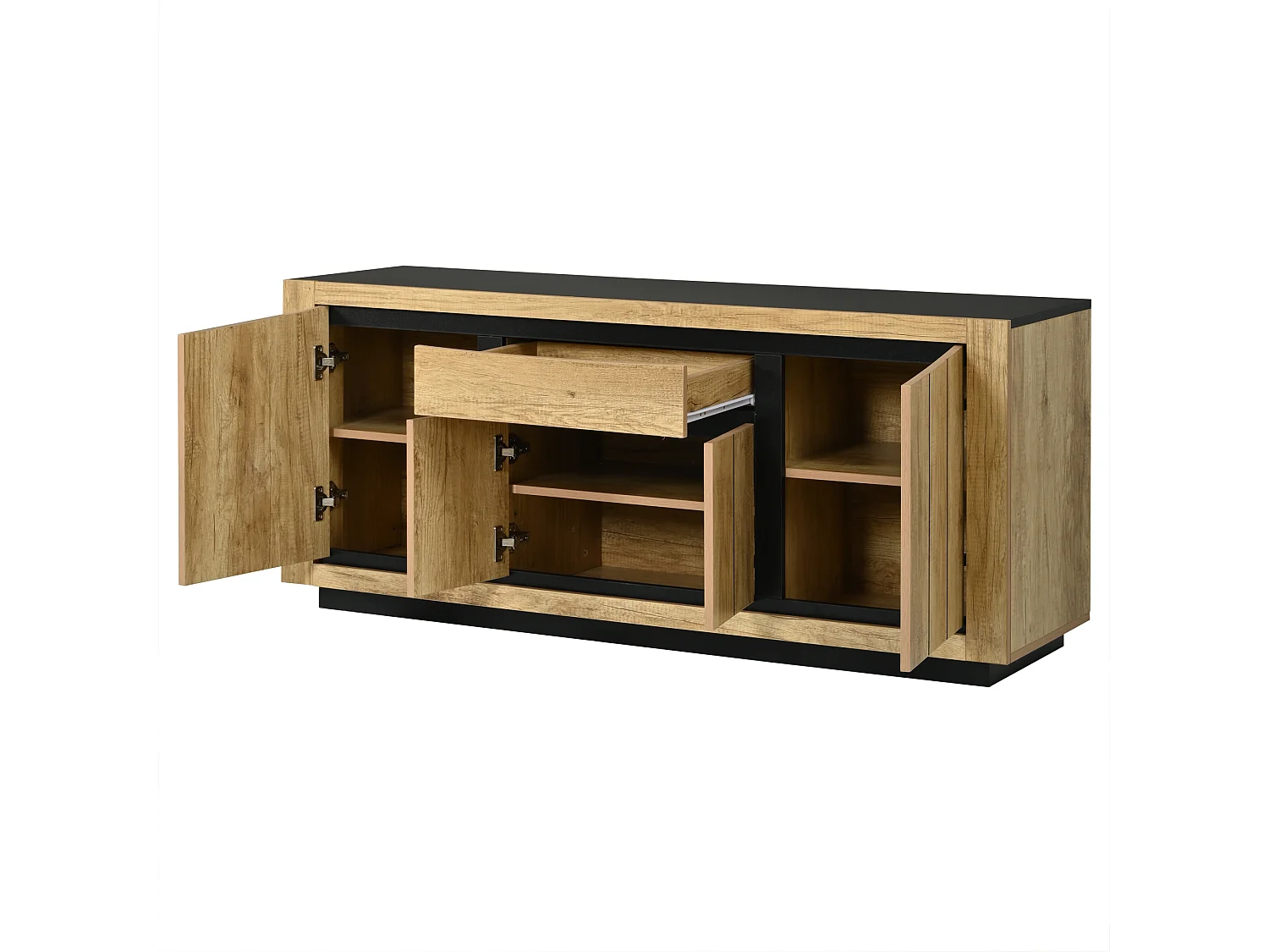 Buffet avec 4 portes, 1 tiroir sans poignées - MDF - 140 x 40 x 60 cm - Noir et aspect bois