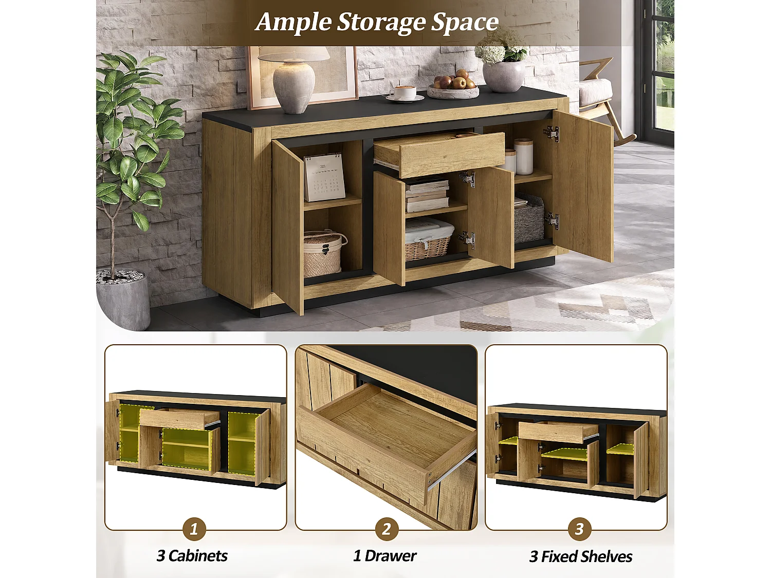 Buffet avec 4 portes, 1 tiroir sans poignées - MDF - 140 x 40 x 60 cm - Noir et aspect bois