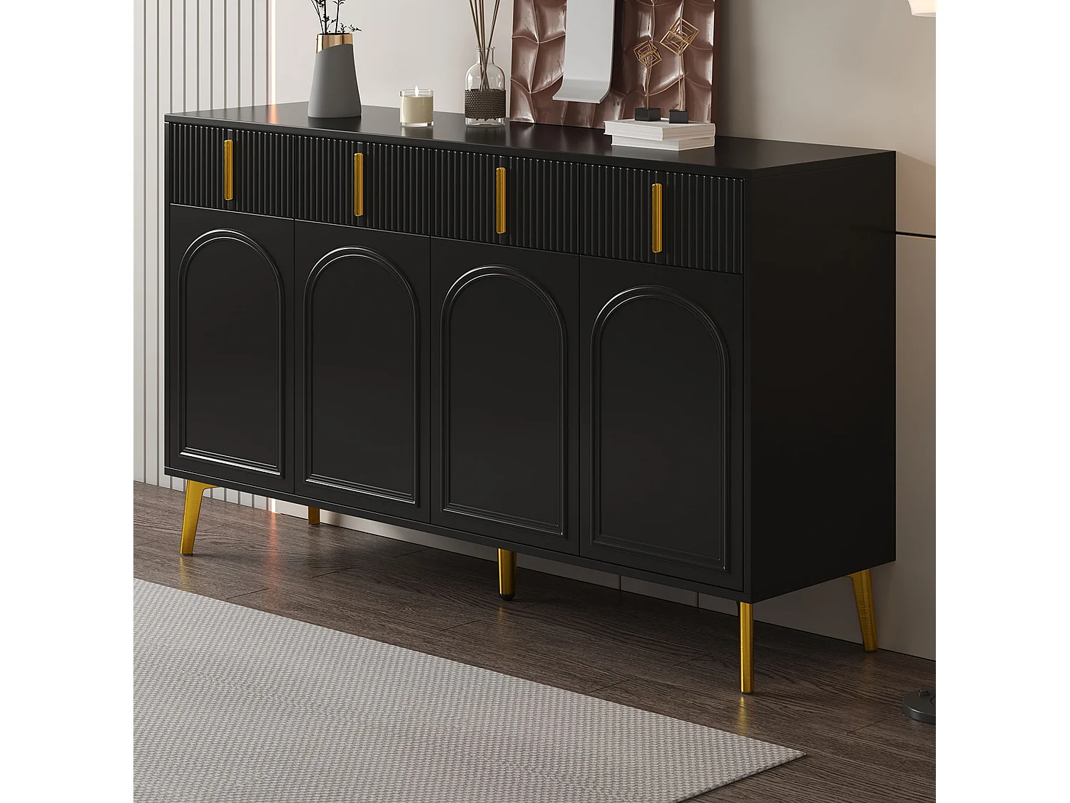 Buffet bas avec 4 portes et 4 tiroirs - 140 x 38 x 82 cm - Poignées et pieds dorés - MDF - Noir