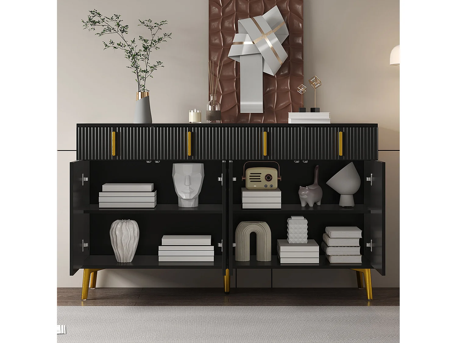 Buffet bas avec 4 portes et 4 tiroirs - 140 x 38 x 82 cm - Poignées et pieds dorés - MDF - Noir