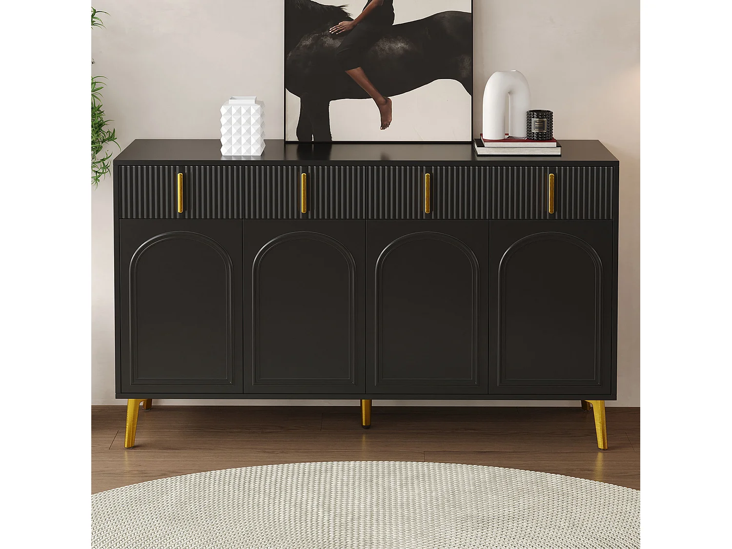Buffet bas avec 4 portes et 4 tiroirs - 140 x 38 x 82 cm - Poignées et pieds dorés - MDF - Noir