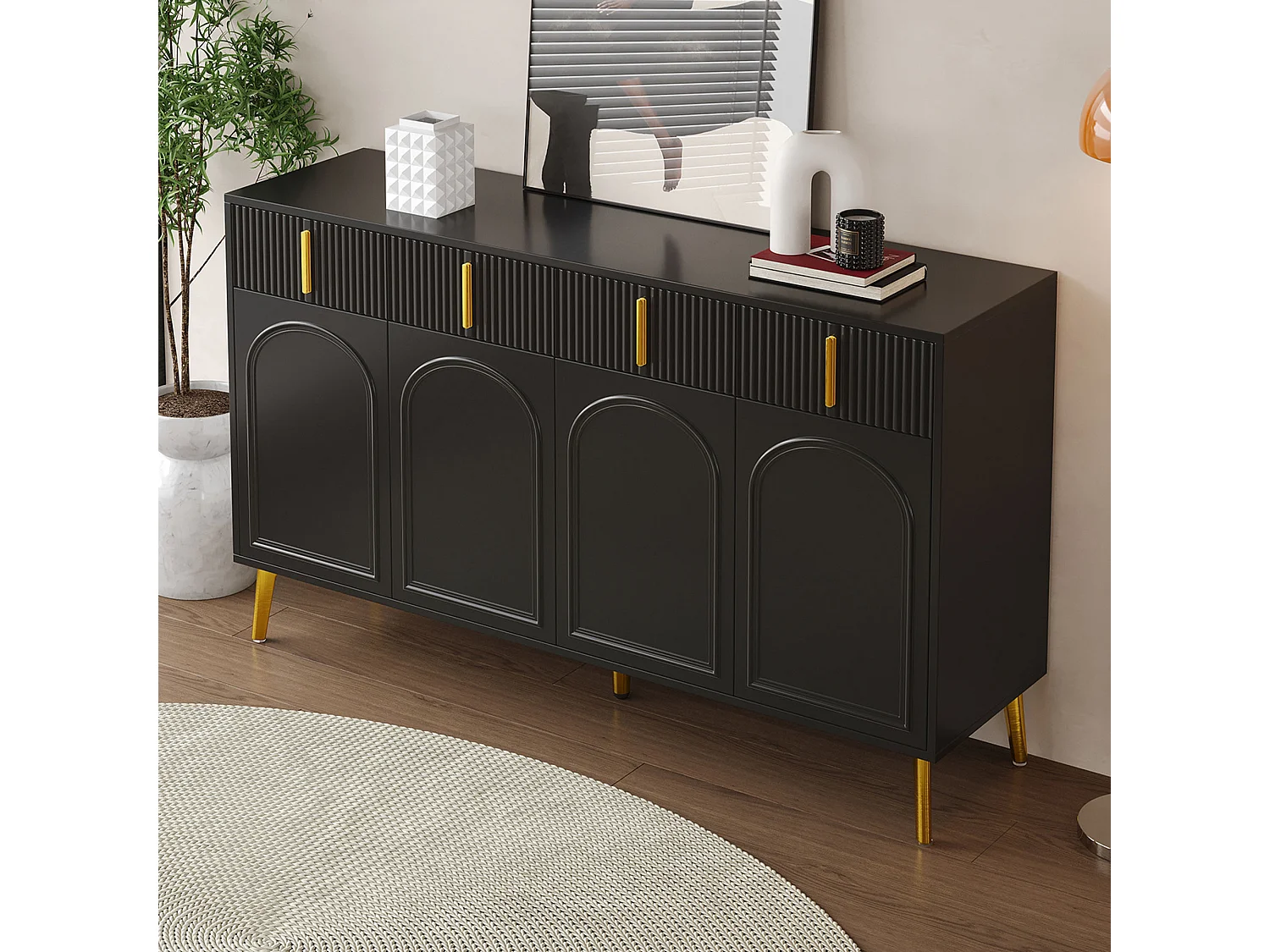 Buffet bas avec 4 portes et 4 tiroirs - 140 x 38 x 82 cm - Poignées et pieds dorés - MDF - Noir