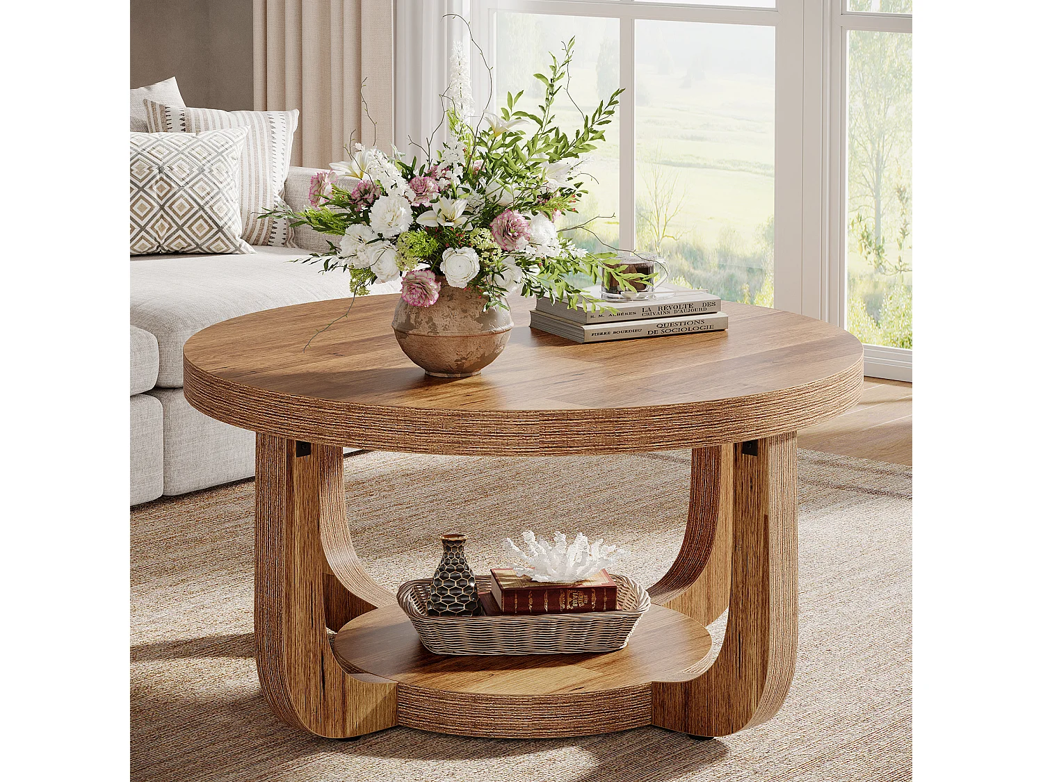 Mesa de Centro Redonda, Mesa de Café de 2 Níveis de 80cm com Prateleira de Armazenamento, Mesa de Centro Rústica
