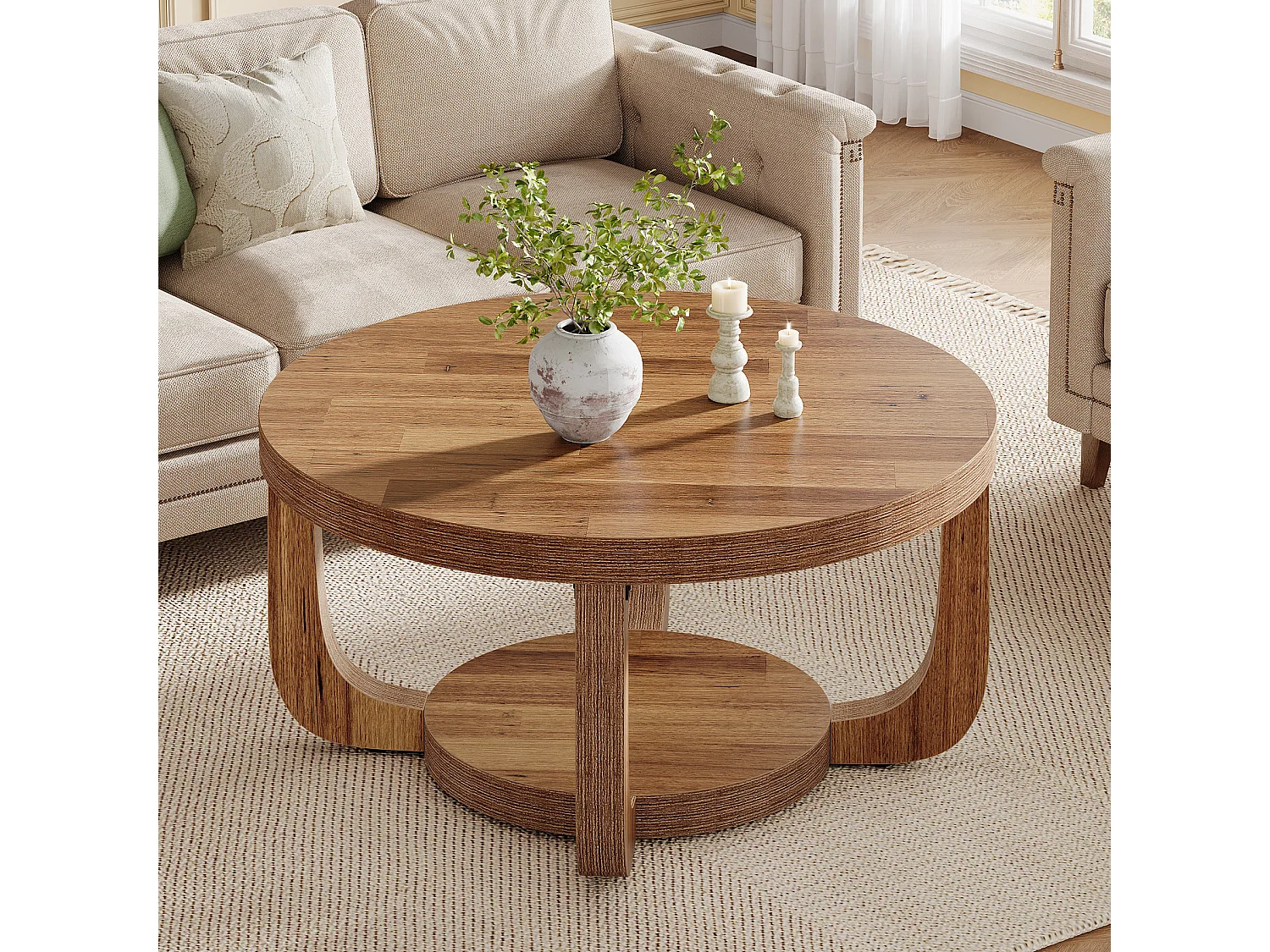 Mesa de Centro Redonda, Mesa de Café de 2 Níveis de 80cm com Prateleira de Armazenamento, Mesa de Centro Rústica
