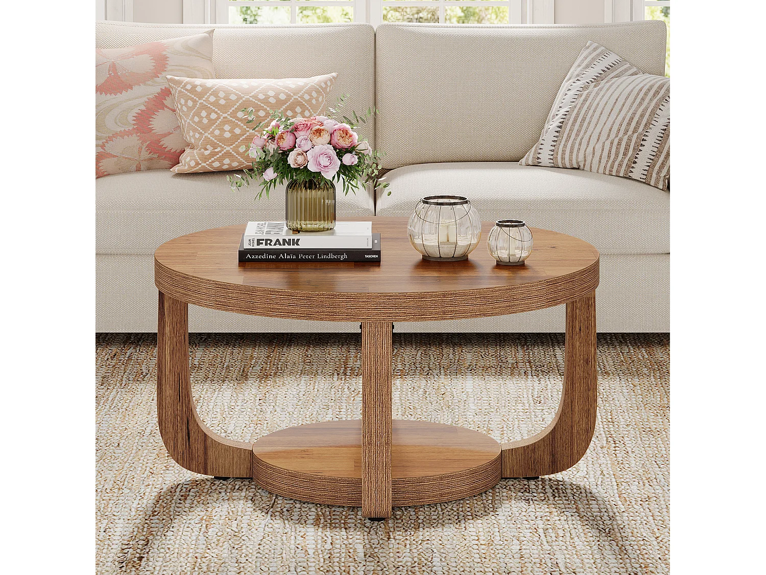 Mesa de Centro Redonda, Mesa de Café de 2 Níveis de 80cm com Prateleira de Armazenamento, Mesa de Centro Rústica