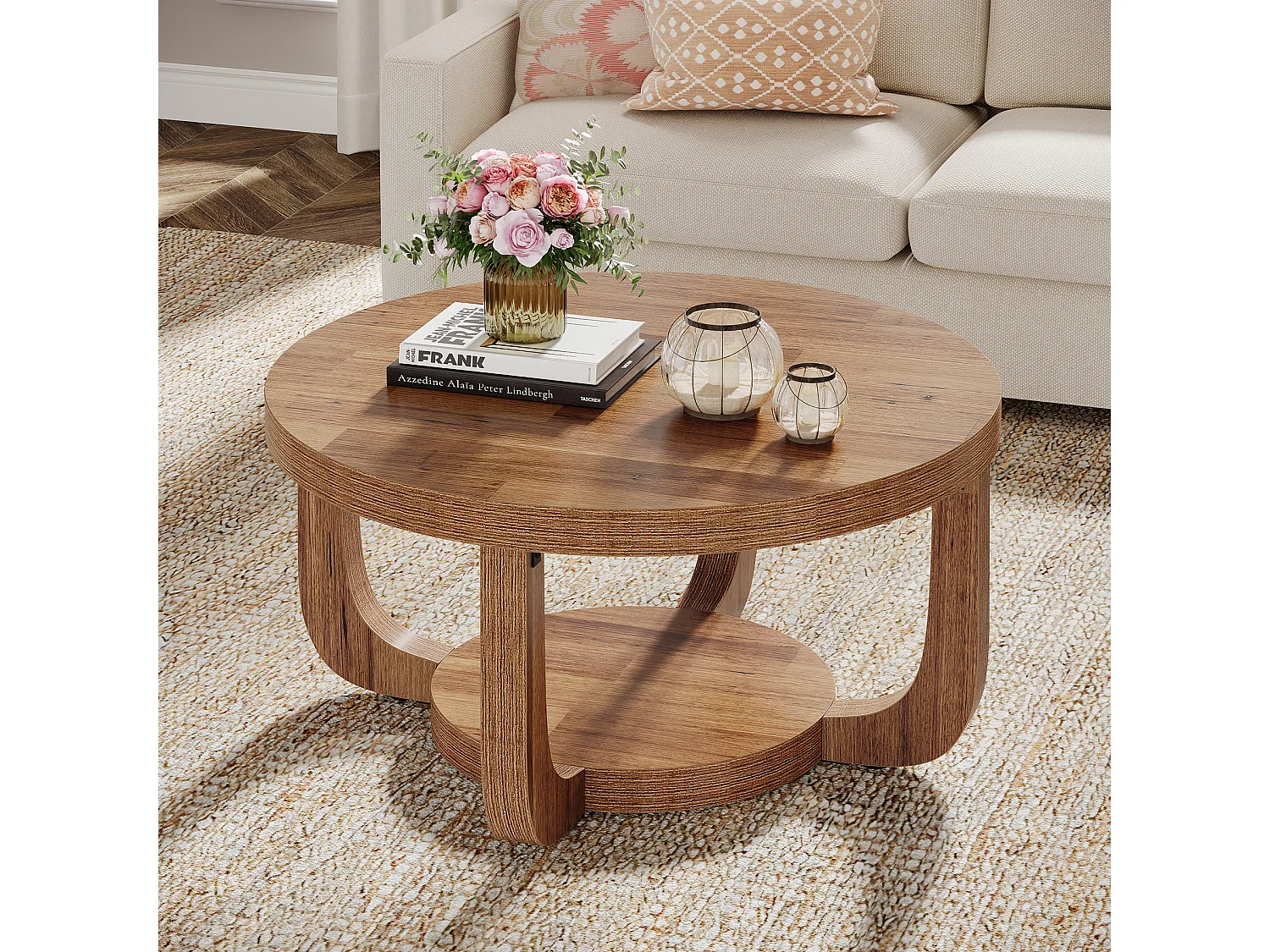 Mesa de Centro Redonda, Mesa de Café de 2 Níveis de 80cm com Prateleira de Armazenamento, Mesa de Centro Rústica