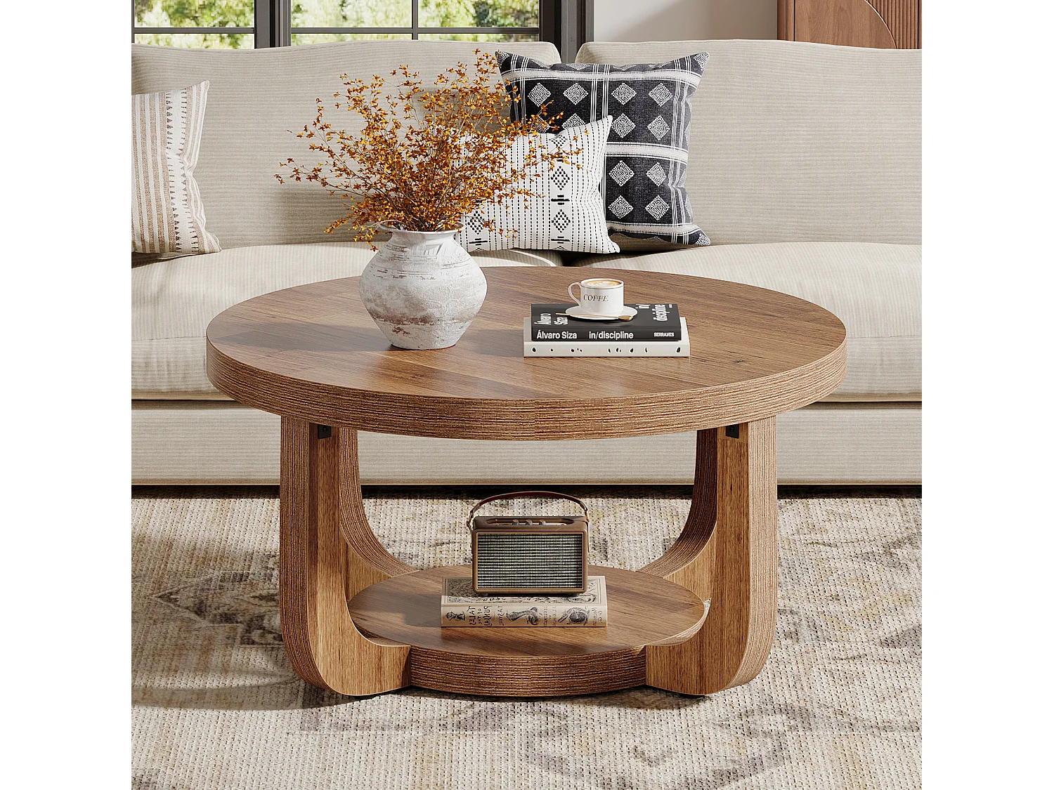 Mesa de Centro Redonda, Mesa de Café de 2 Níveis de 80cm com Prateleira de Armazenamento, Mesa de Centro Rústica