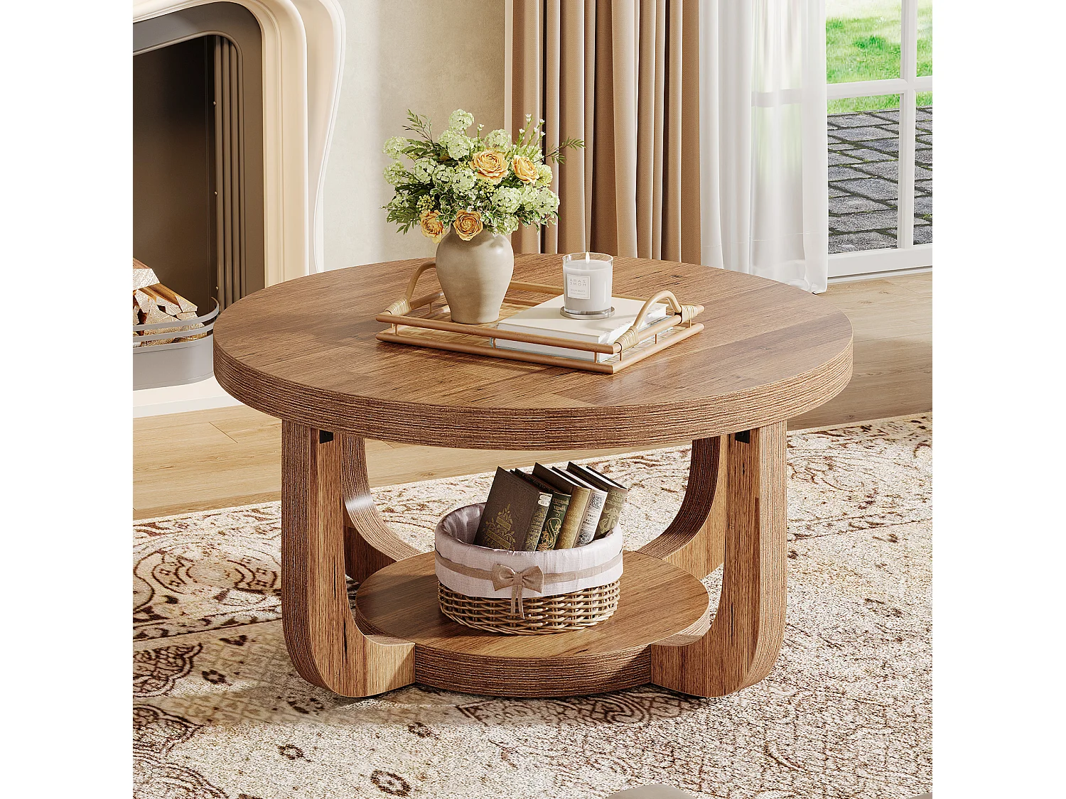 Mesa de Centro Redonda, Mesa de Café de 2 Níveis de 80cm com Prateleira de Armazenamento, Mesa de Centro Rústica