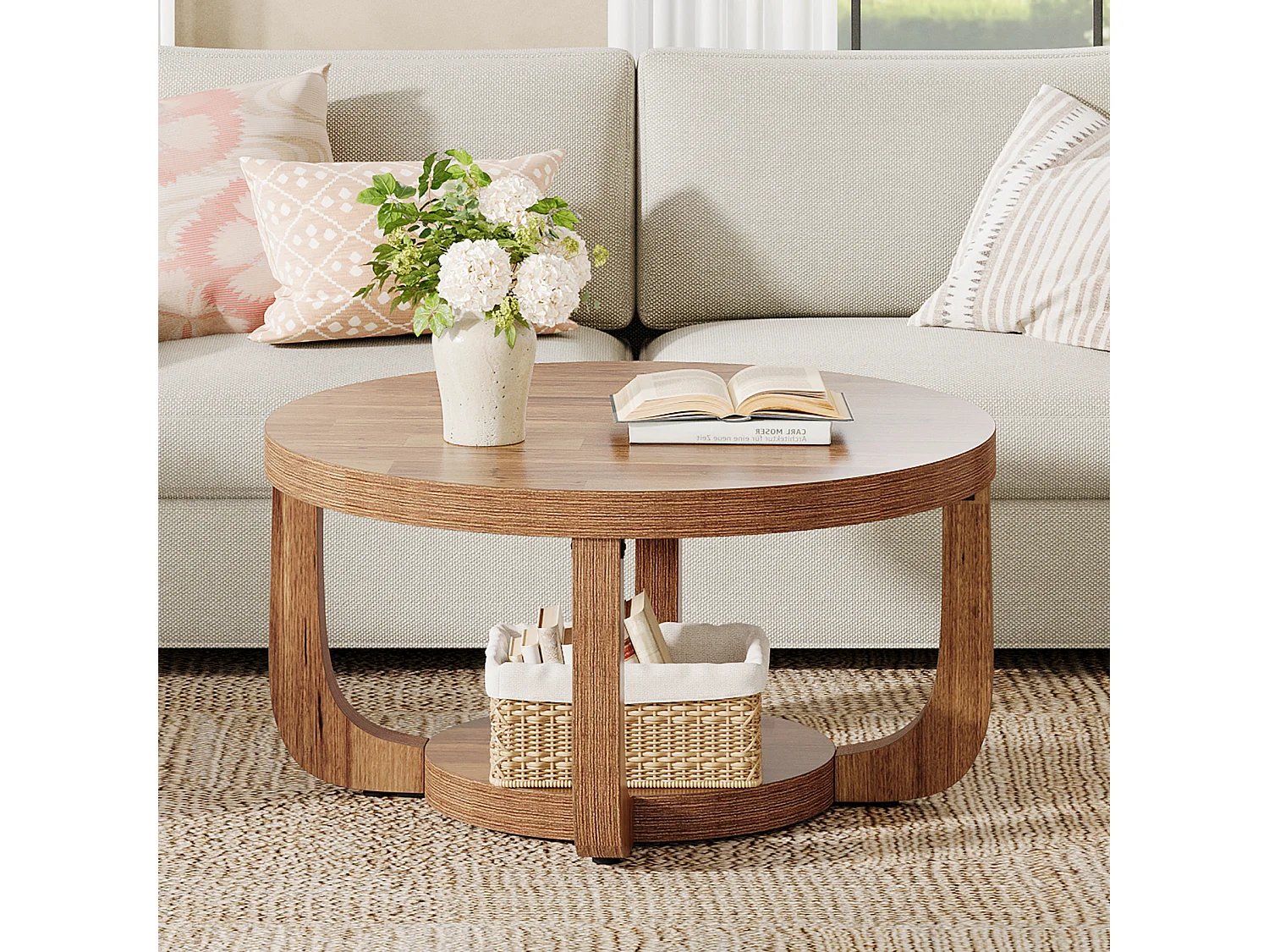 Mesa de Centro Redonda, Mesa de Café de 2 Níveis de 80cm com Prateleira de Armazenamento, Mesa de Centro Rústica