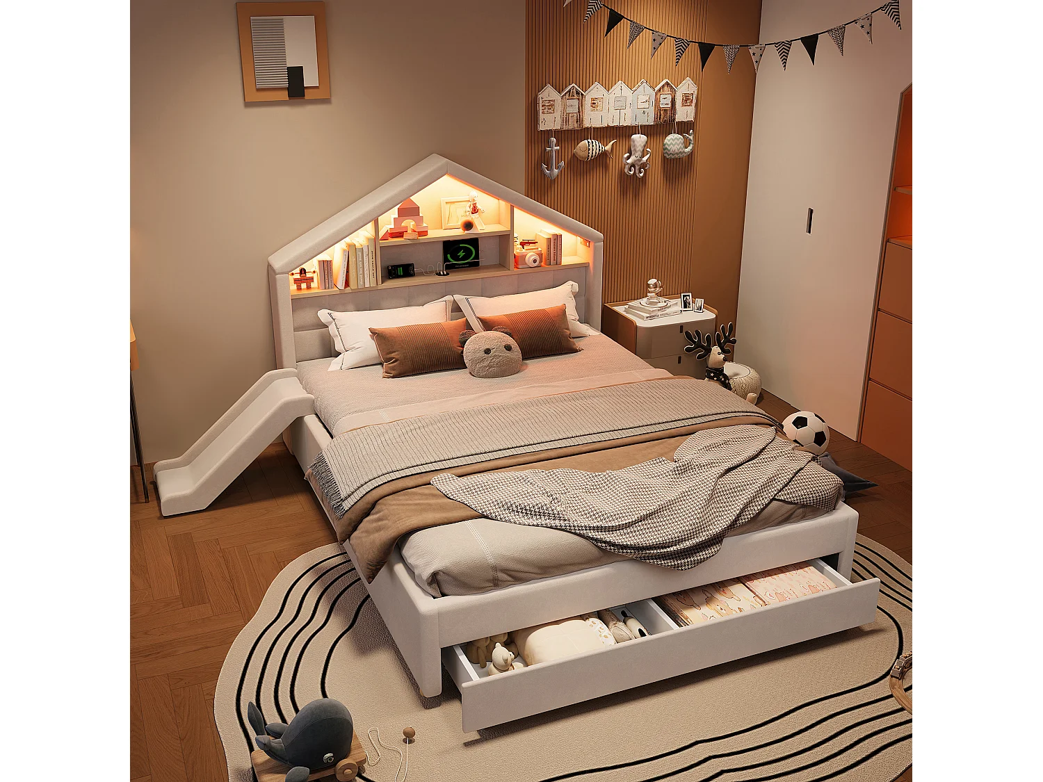 Lit capitonné enfant 140 x 200 cm avec toboggan réversible, 1 tiroir et LED - Velours - Beige (sans matelas)