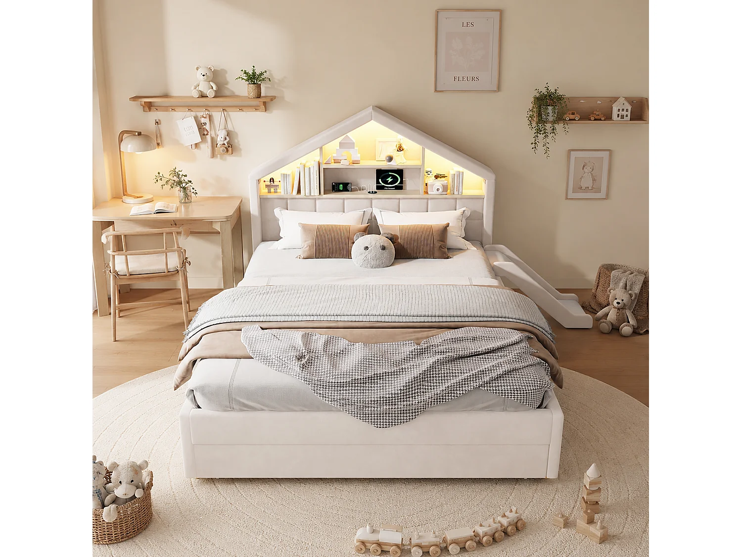 Lit capitonné enfant 140 x 200 cm avec toboggan réversible, 1 tiroir et LED - Velours - Beige (sans matelas)