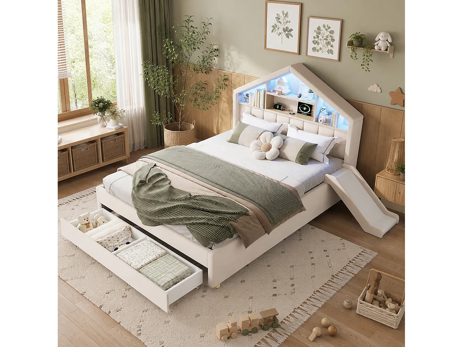 Lit capitonné enfant 140 x 200 cm avec toboggan réversible, 1 tiroir et LED - Velours - Beige (sans matelas)