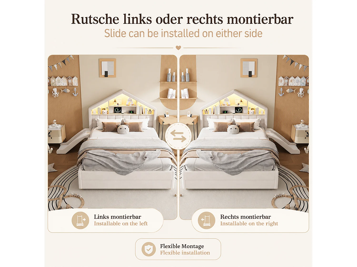 Lit capitonné enfant 140 x 200 cm avec toboggan réversible, 1 tiroir et LED - Velours - Beige (sans matelas)