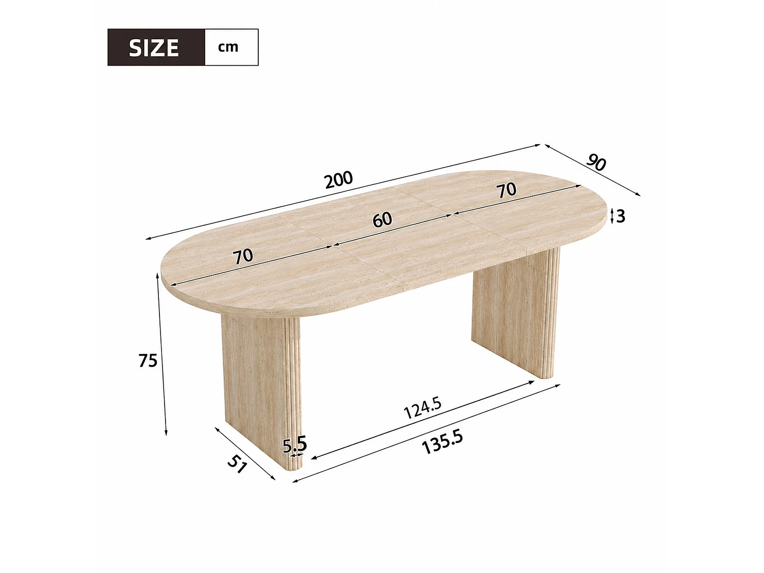 Rozkładany stół jadalny 140/200 x 90 x 75 cm z grubym blatem i zaokrąglonymi narożnikami - MDF - wygląd trawertynu