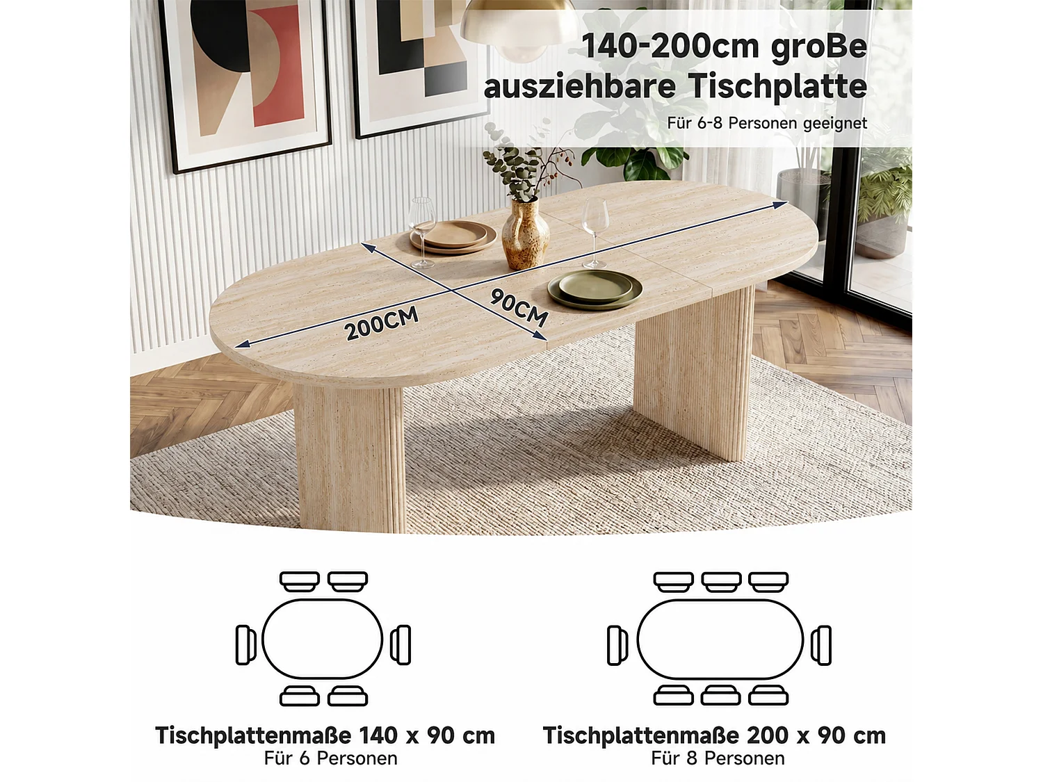 Rozkładany stół jadalny 140/200 x 90 x 75 cm z grubym blatem i zaokrąglonymi narożnikami - MDF - wygląd trawertynu