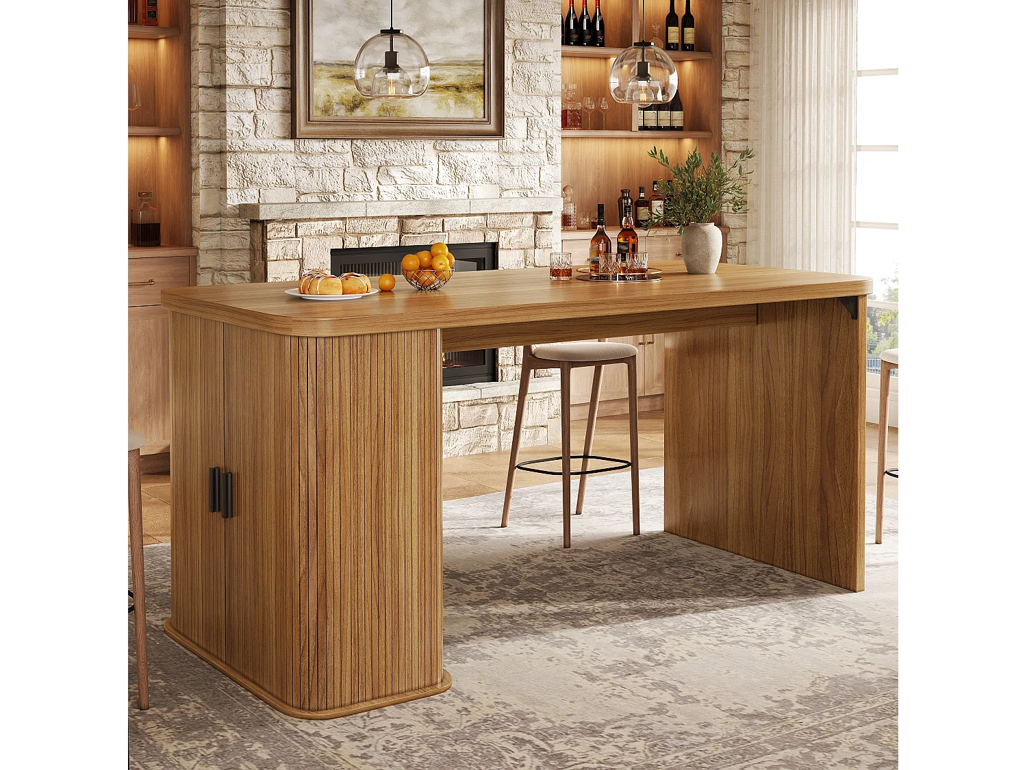 Isola cucina con 2 ante scorrevoli, 1 cassetto e portabottiglie per 3 bottiglie - MDF, metallo - 120 x 60 x 91 cm - Marrone