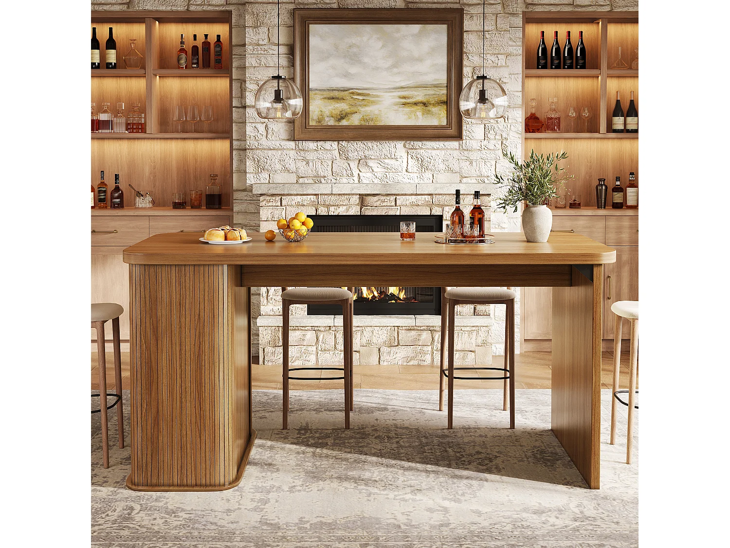 Isola cucina con 2 ante scorrevoli, 1 cassetto e portabottiglie per 3 bottiglie - MDF, metallo - 120 x 60 x 91 cm - Marrone