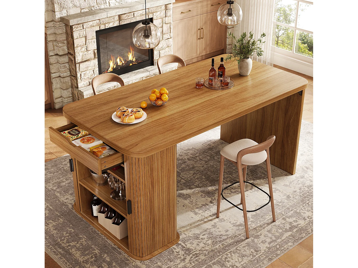 Isola cucina con 2 ante scorrevoli, 1 cassetto e portabottiglie per 3 bottiglie - MDF, metallo - 120 x 60 x 91 cm - Marrone