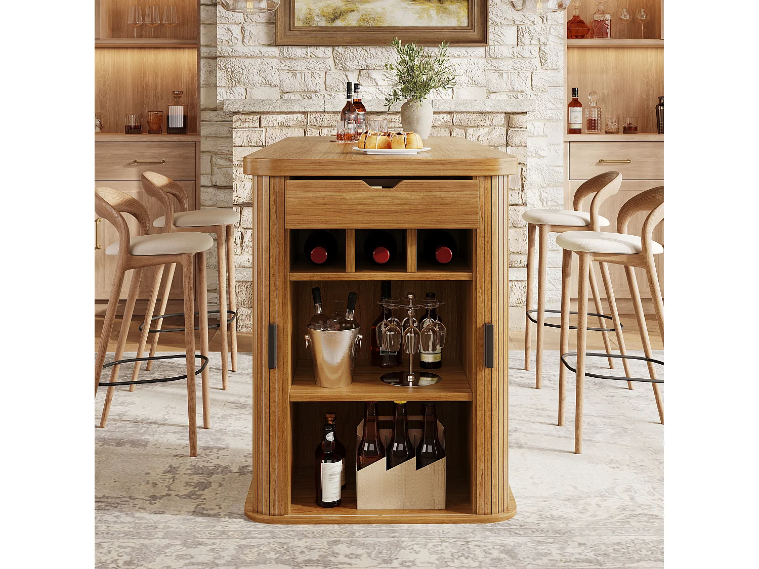 Isola cucina con 2 ante scorrevoli, 1 cassetto e portabottiglie per 3 bottiglie - MDF, metallo - 120 x 60 x 91 cm - Marrone