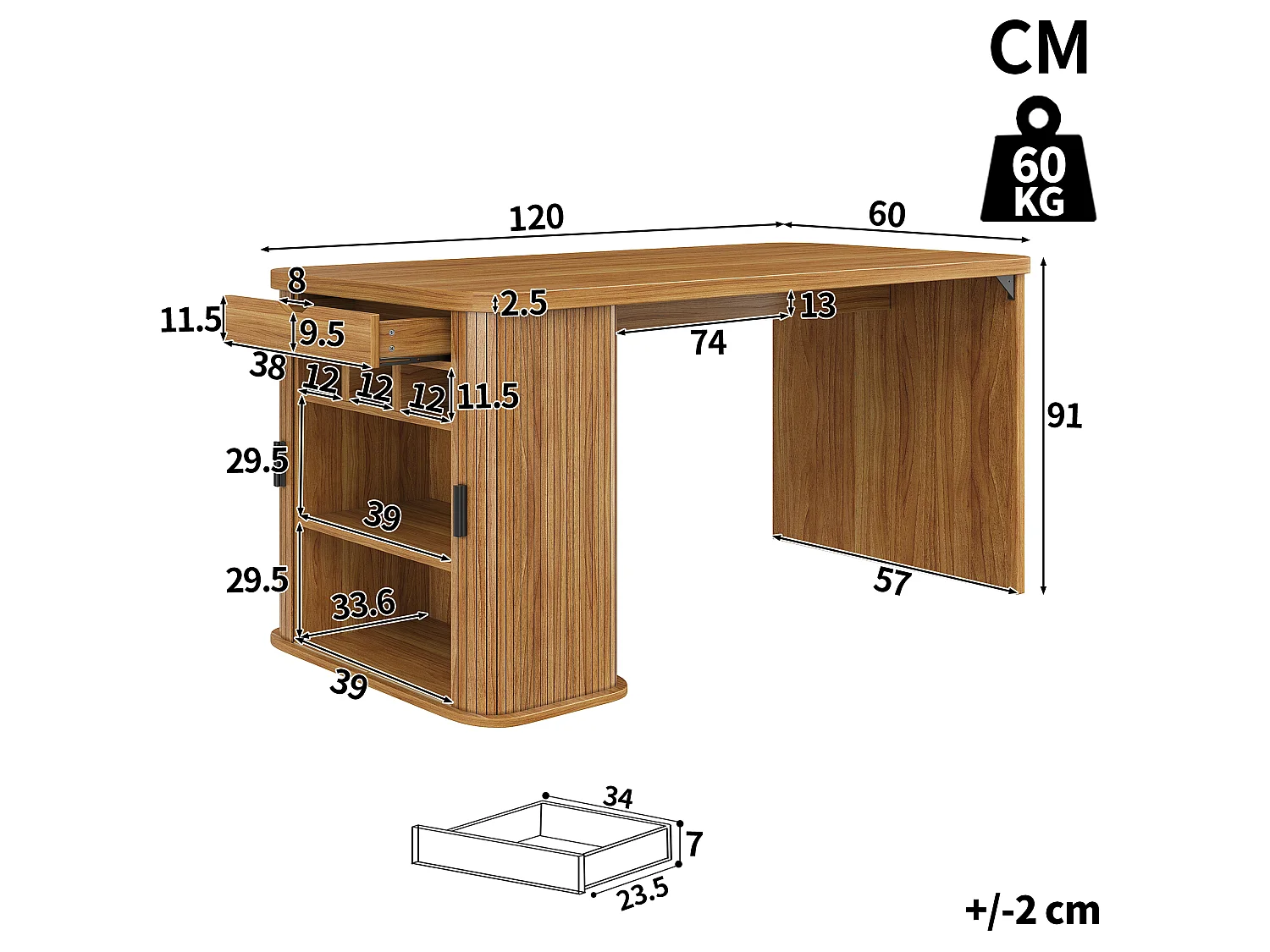 Isola cucina con 2 ante scorrevoli, 1 cassetto e portabottiglie per 3 bottiglie - MDF, metallo - 120 x 60 x 91 cm - Marrone