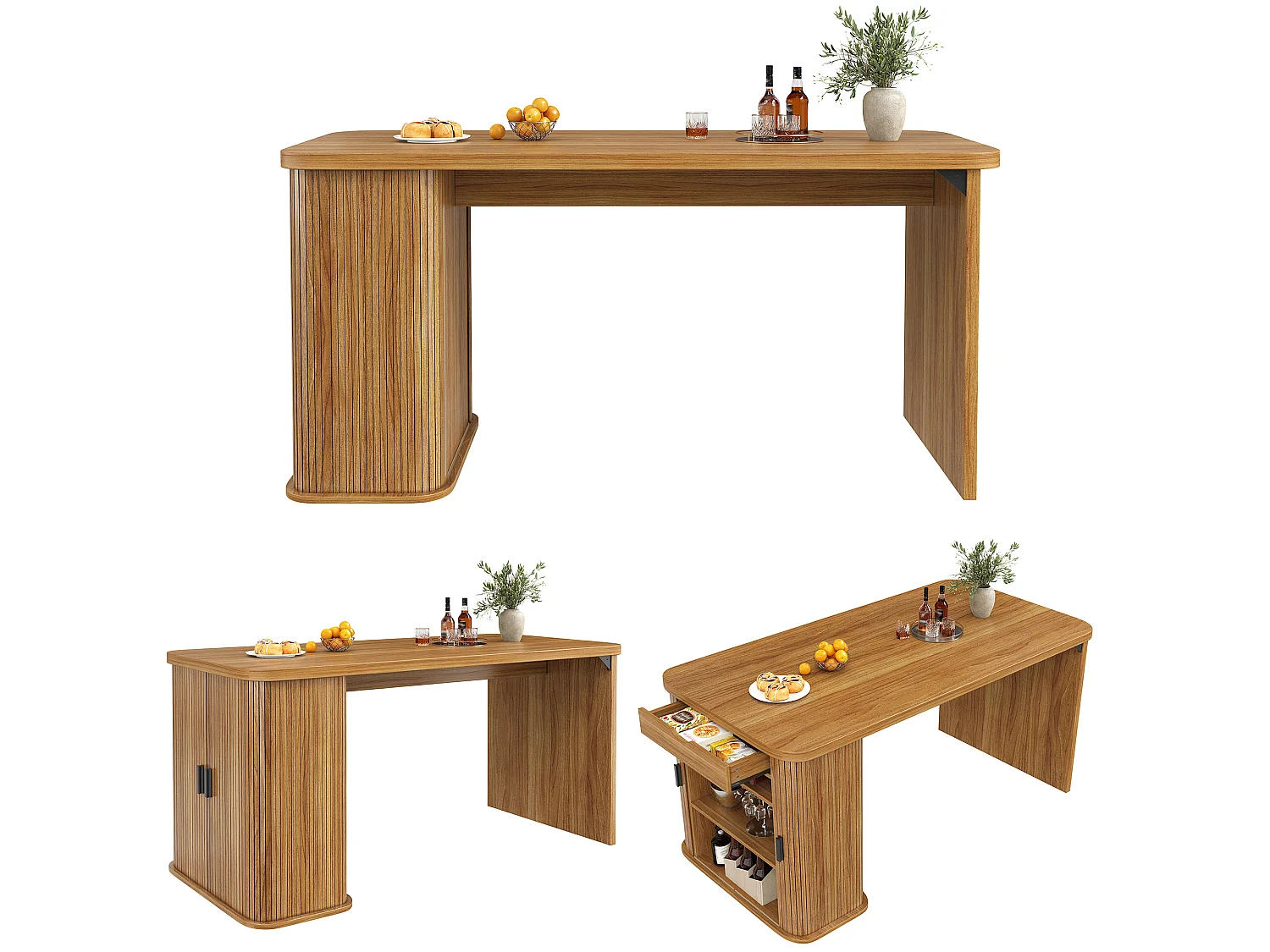 Isola cucina con 2 ante scorrevoli, 1 cassetto e portabottiglie per 3 bottiglie - MDF, metallo - 120 x 60 x 91 cm - Marrone