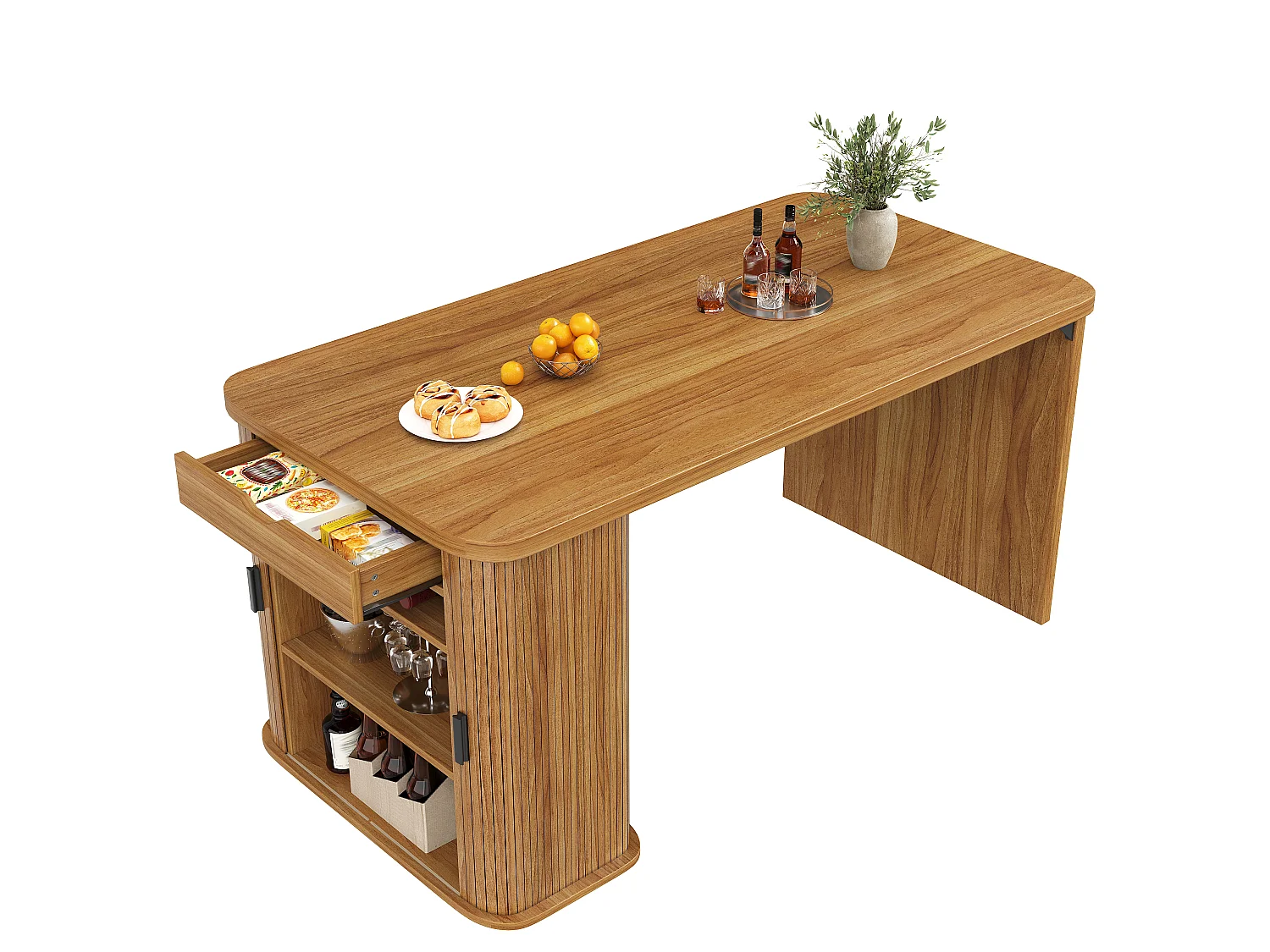 Isola cucina con 2 ante scorrevoli, 1 cassetto e portabottiglie per 3 bottiglie - MDF, metallo - 120 x 60 x 91 cm - Marrone