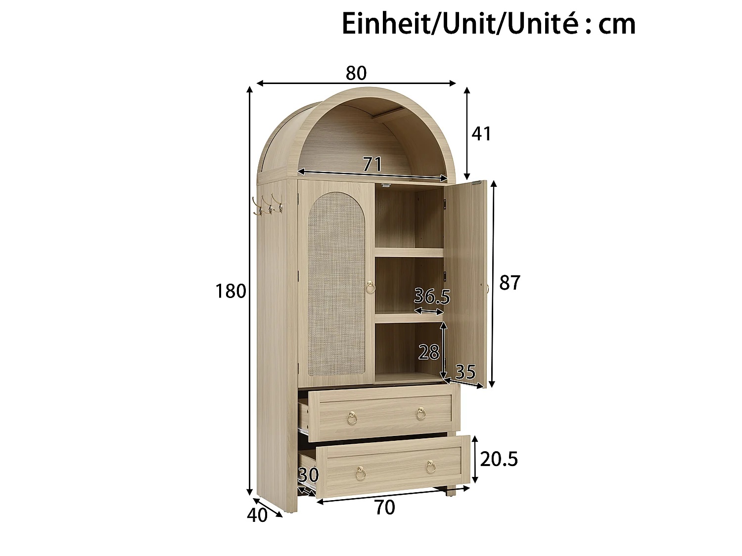 Buffet haut avec 2 portes, 2 tiroirs et compartiment ouvert - 80 x 40 x 180 cm - MDF - Chêne