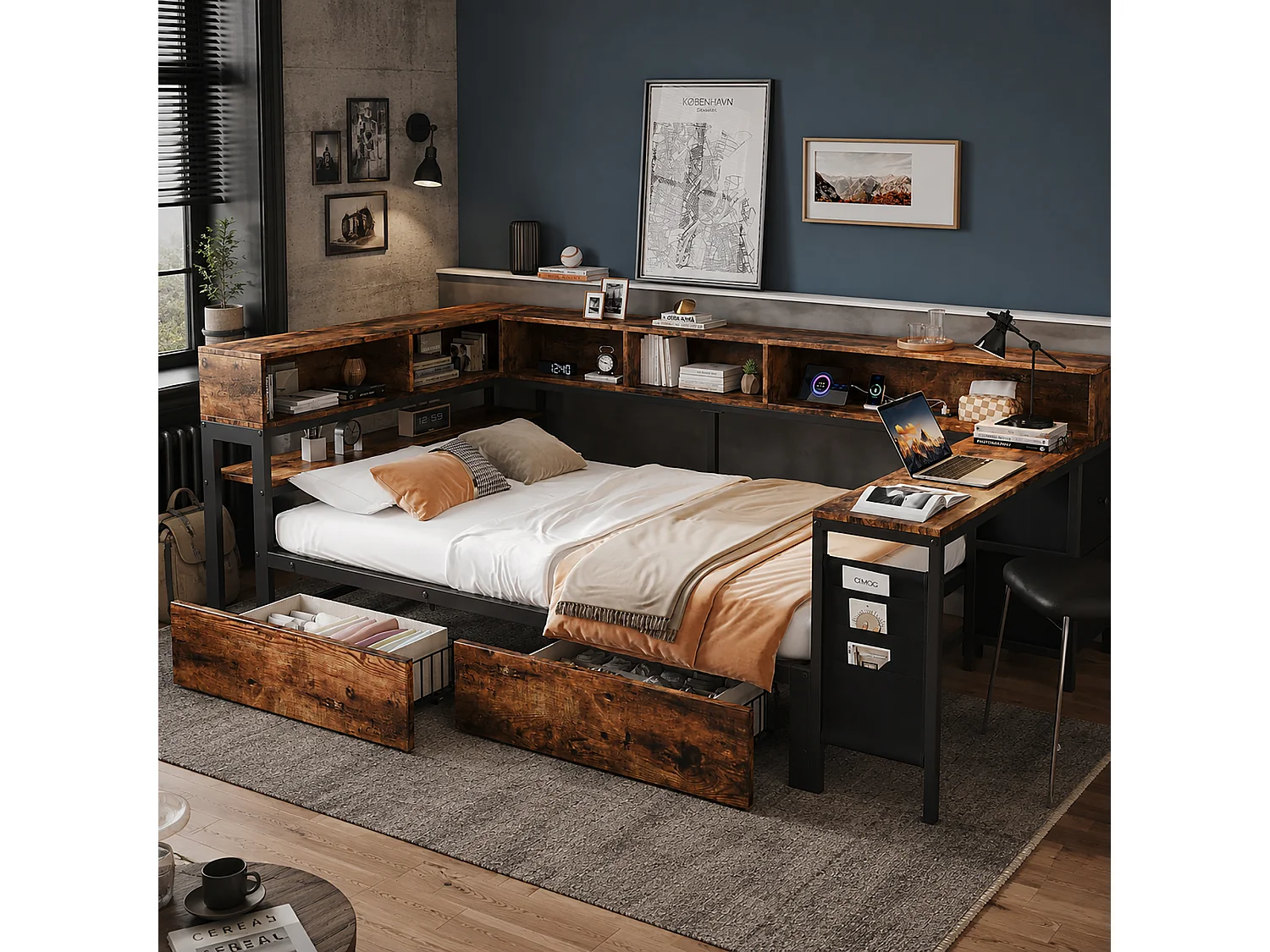Lit 120 x 200 cm avec 2 tiroirs, bureau, tablette de chevet et port de charge - Métal - Noir et naturel (sans matelas)