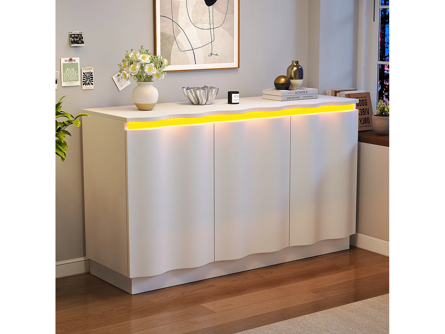 Credenza con illuminazione a LED, 3 ante con frontali ondulati e ripiani regolabili - Truciolato - 120 x 39,5 x 69,5 cm - Bianco