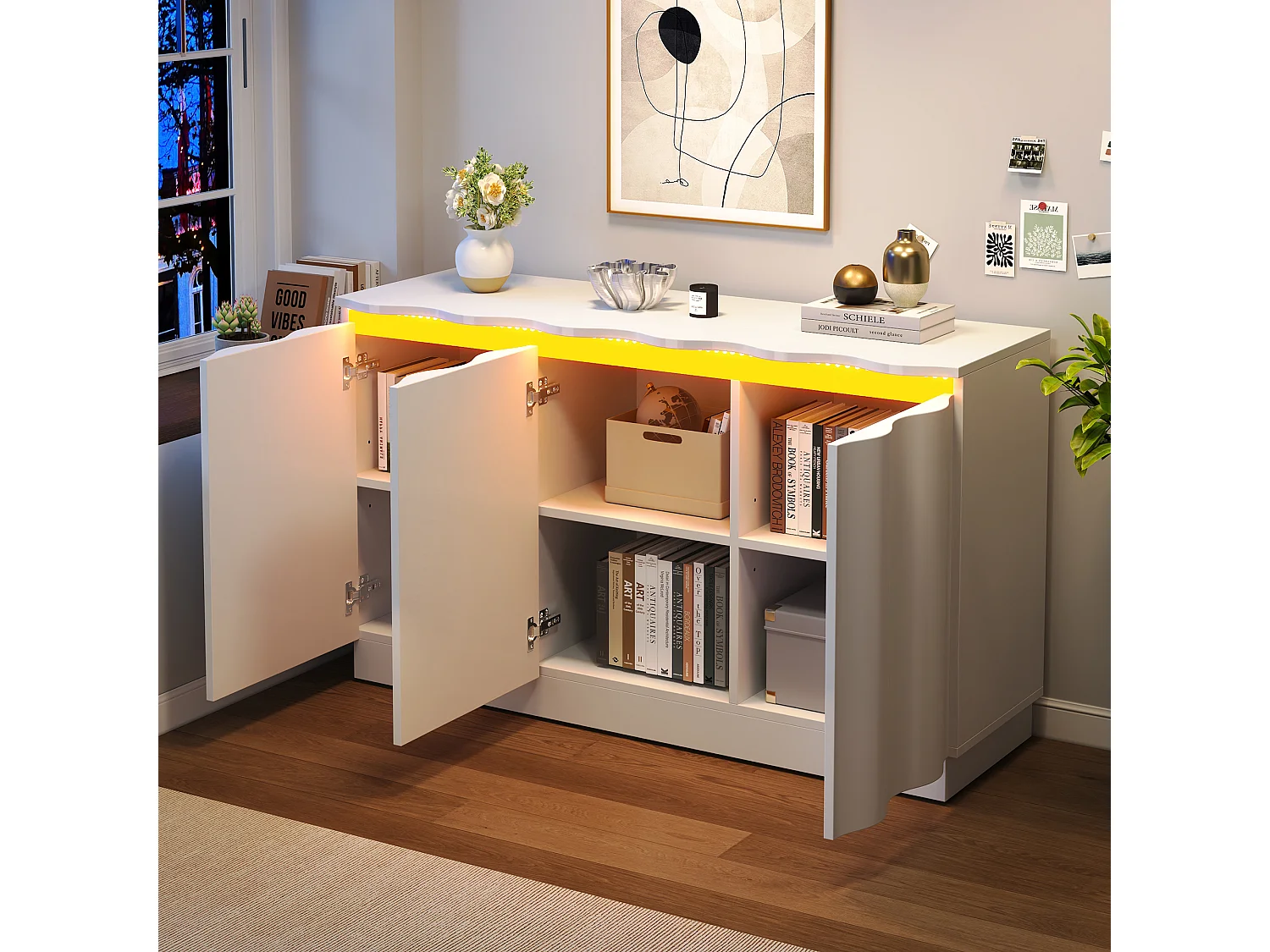 Credenza con illuminazione a LED, 3 ante con frontali ondulati e ripiani regolabili - Truciolato - 120 x 39,5 x 69,5 cm - Bianco