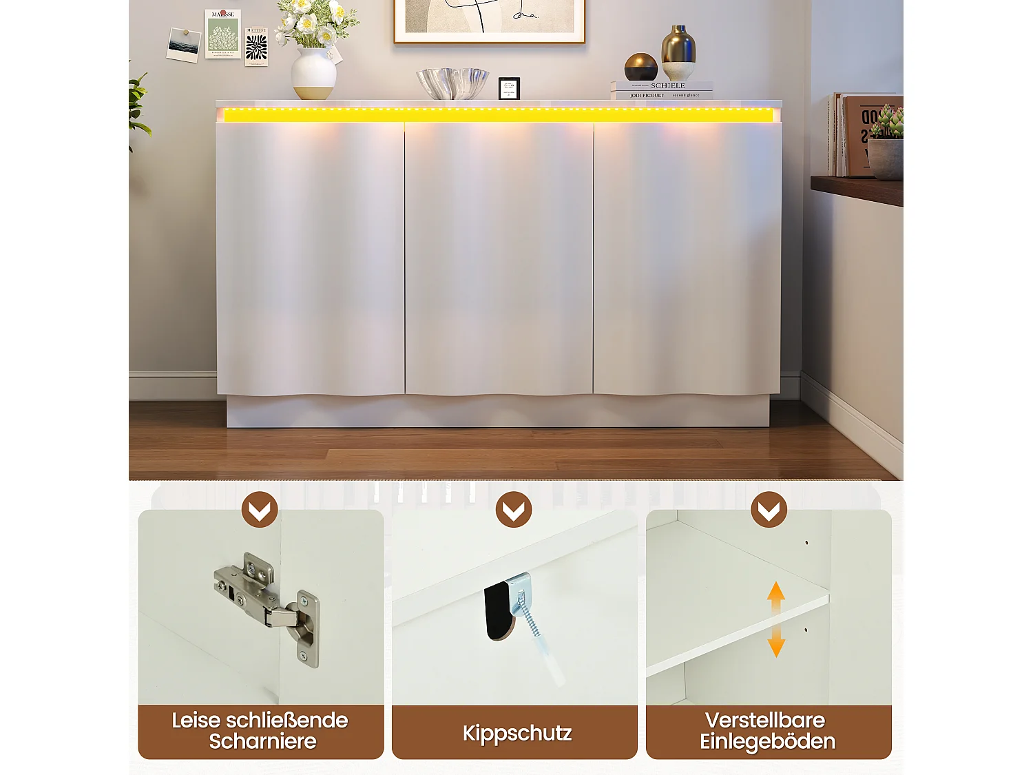 Credenza con illuminazione a LED, 3 ante con frontali ondulati e ripiani regolabili - Truciolato - 120 x 39,5 x 69,5 cm - Bianco