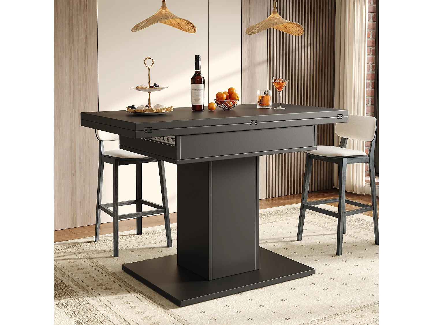 Table à manger extensible et rabattable 60/120 x 120 x 75,1 cm avec rangement intégré - MDF - Noir