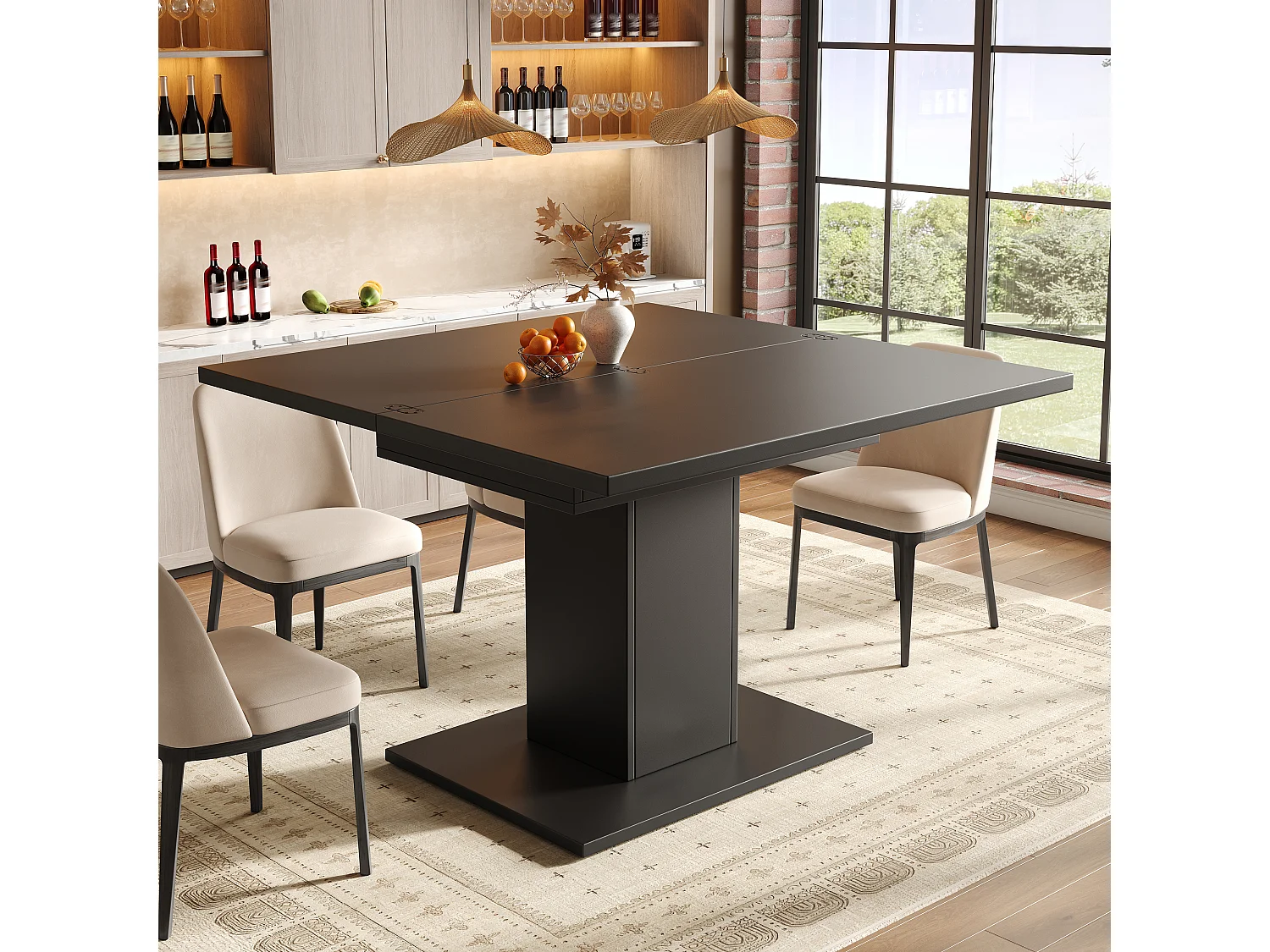 Table à manger extensible et rabattable 60/120 x 120 x 75,1 cm avec rangement intégré - MDF - Noir