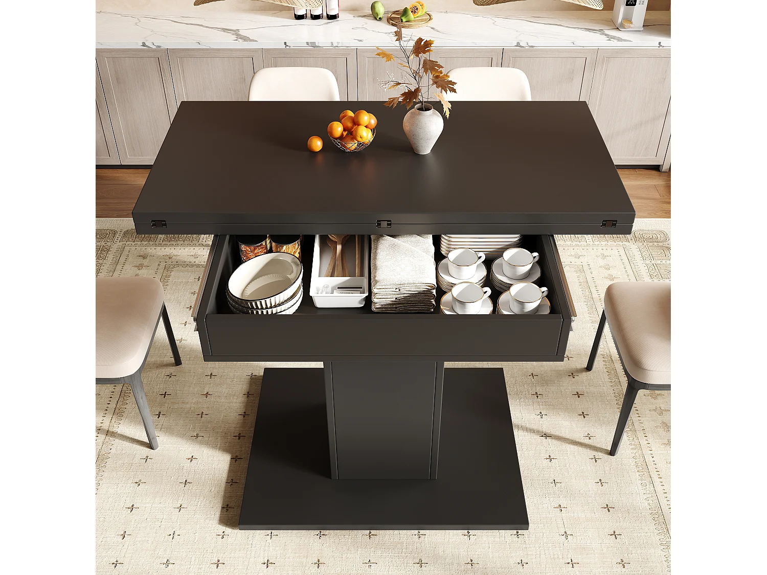 Table à manger extensible et rabattable 60/120 x 120 x 75,1 cm avec rangement intégré - MDF - Noir