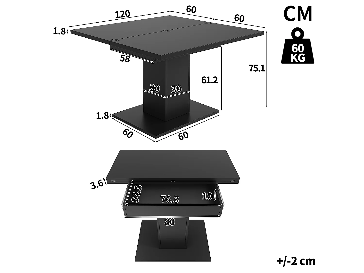 Table à manger extensible et rabattable 60/120 x 120 x 75,1 cm avec rangement intégré - MDF - Noir