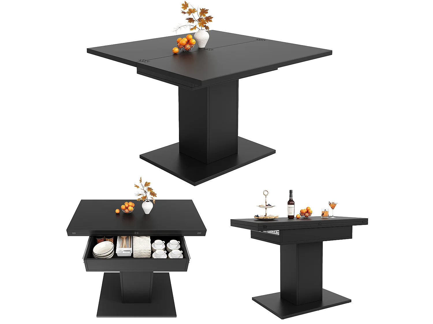 Table à manger extensible et rabattable 60/120 x 120 x 75,1 cm avec rangement intégré - MDF - Noir