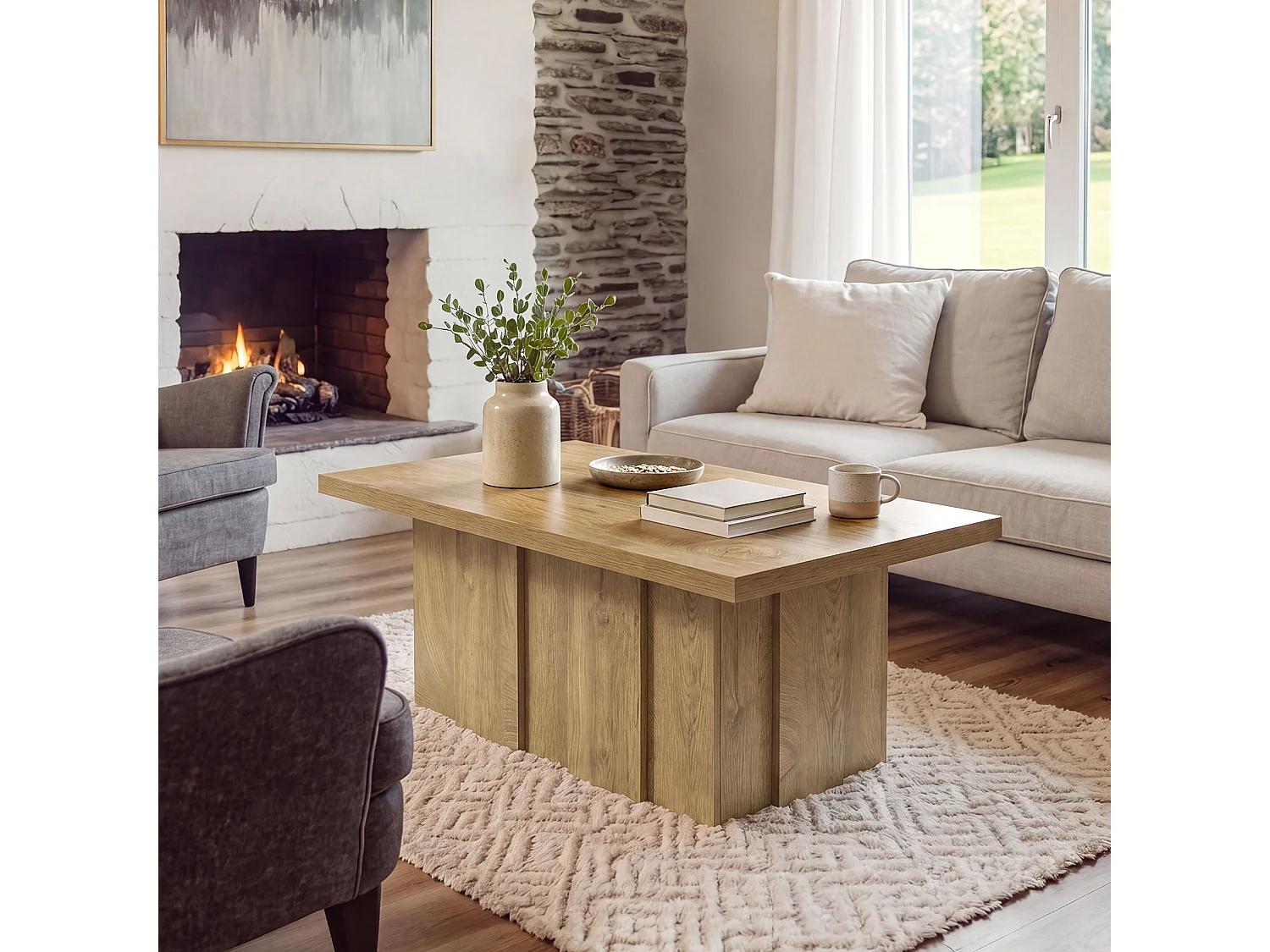 Stolik kawowy Farmhouse 120 cm, minimalistyczny prostokątny stolik kawowy z żłobioną podstawą