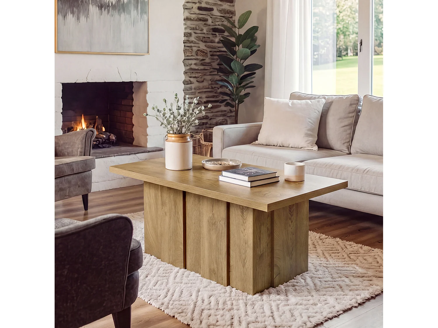 Stolik kawowy Farmhouse 120 cm, minimalistyczny prostokątny stolik kawowy z żłobioną podstawą