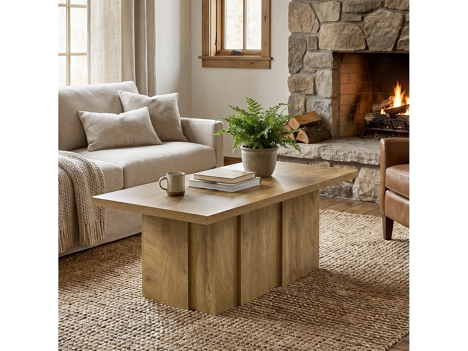 Stolik kawowy Farmhouse 120 cm, minimalistyczny prostokątny stolik kawowy z żłobioną podstawą