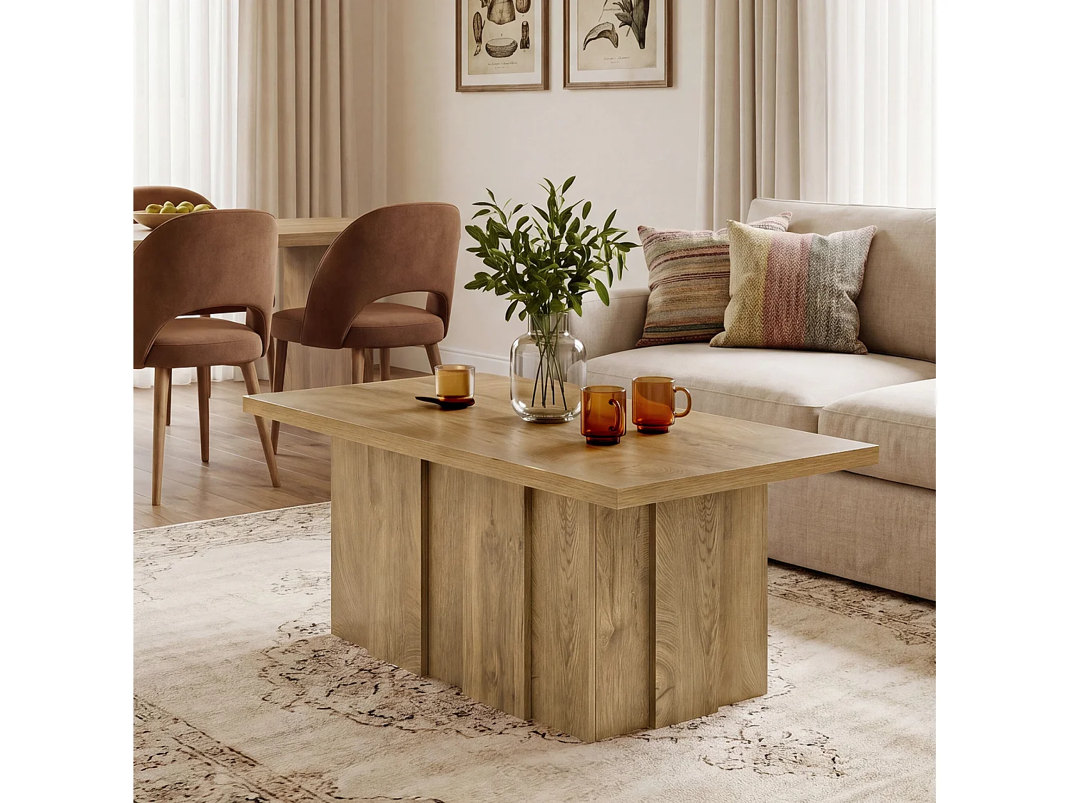 Stolik kawowy Farmhouse 120 cm, minimalistyczny prostokątny stolik kawowy z żłobioną podstawą