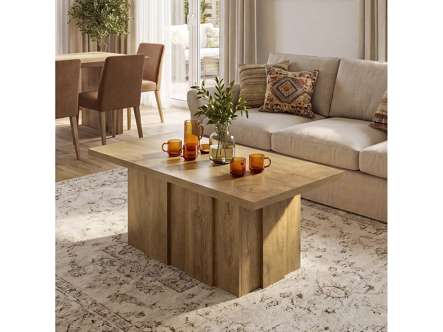 Stolik kawowy Farmhouse 120 cm, minimalistyczny prostokątny stolik kawowy z żłobioną podstawą