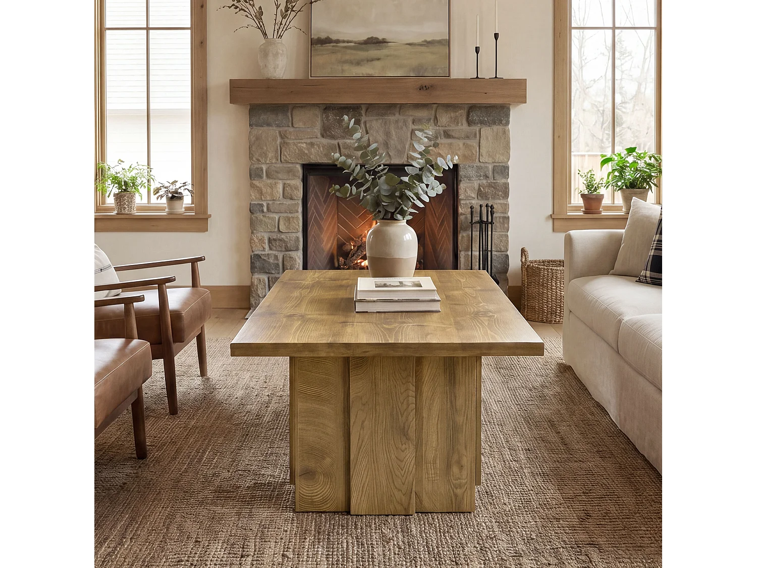 Stolik kawowy Farmhouse 120 cm, minimalistyczny prostokątny stolik kawowy z żłobioną podstawą