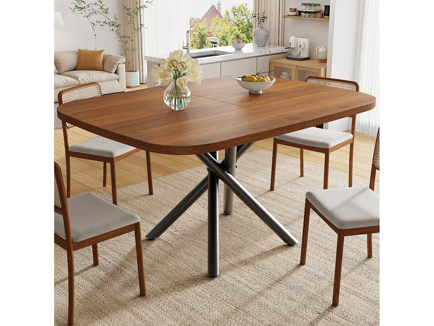 Table à manger extensible 115/155/195 x 115 x 75 cm avec piètement en X et pieds réglables - MDF et métal - Noyer