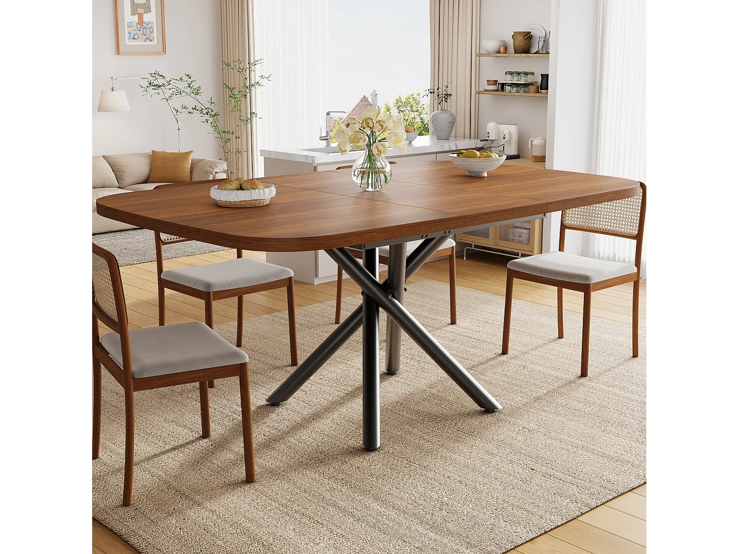 Table à manger extensible 115/155/195 x 115 x 75 cm avec piètement en X et pieds réglables - MDF et métal - Noyer