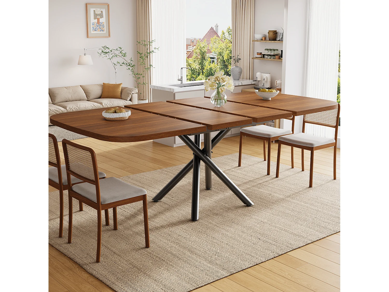 Table à manger extensible 115/155/195 x 115 x 75 cm avec piètement en X et pieds réglables - MDF et métal - Noyer
