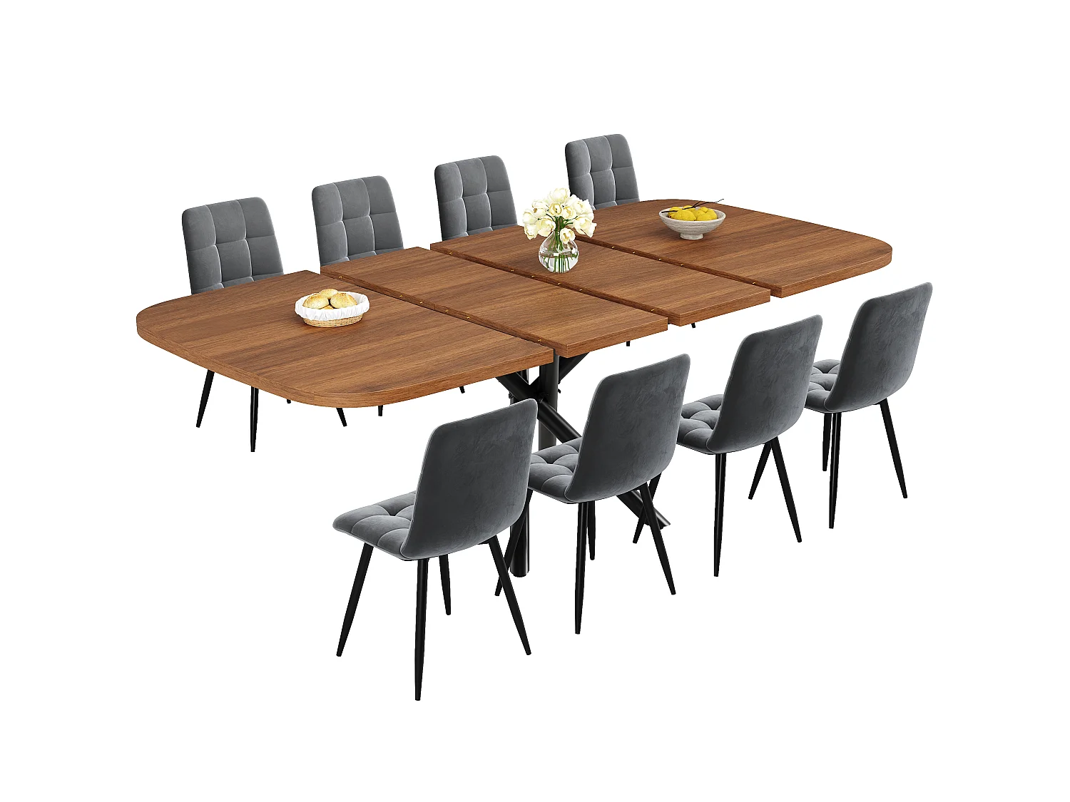 Table à manger extensible 115/155/195 x 115 x 75 cm avec piètement en X et pieds réglables - MDF et métal - Noyer